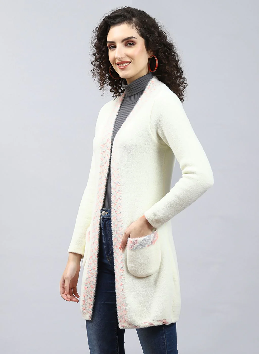 Women Off White Self Design Wool blend Cardigan - Image 3