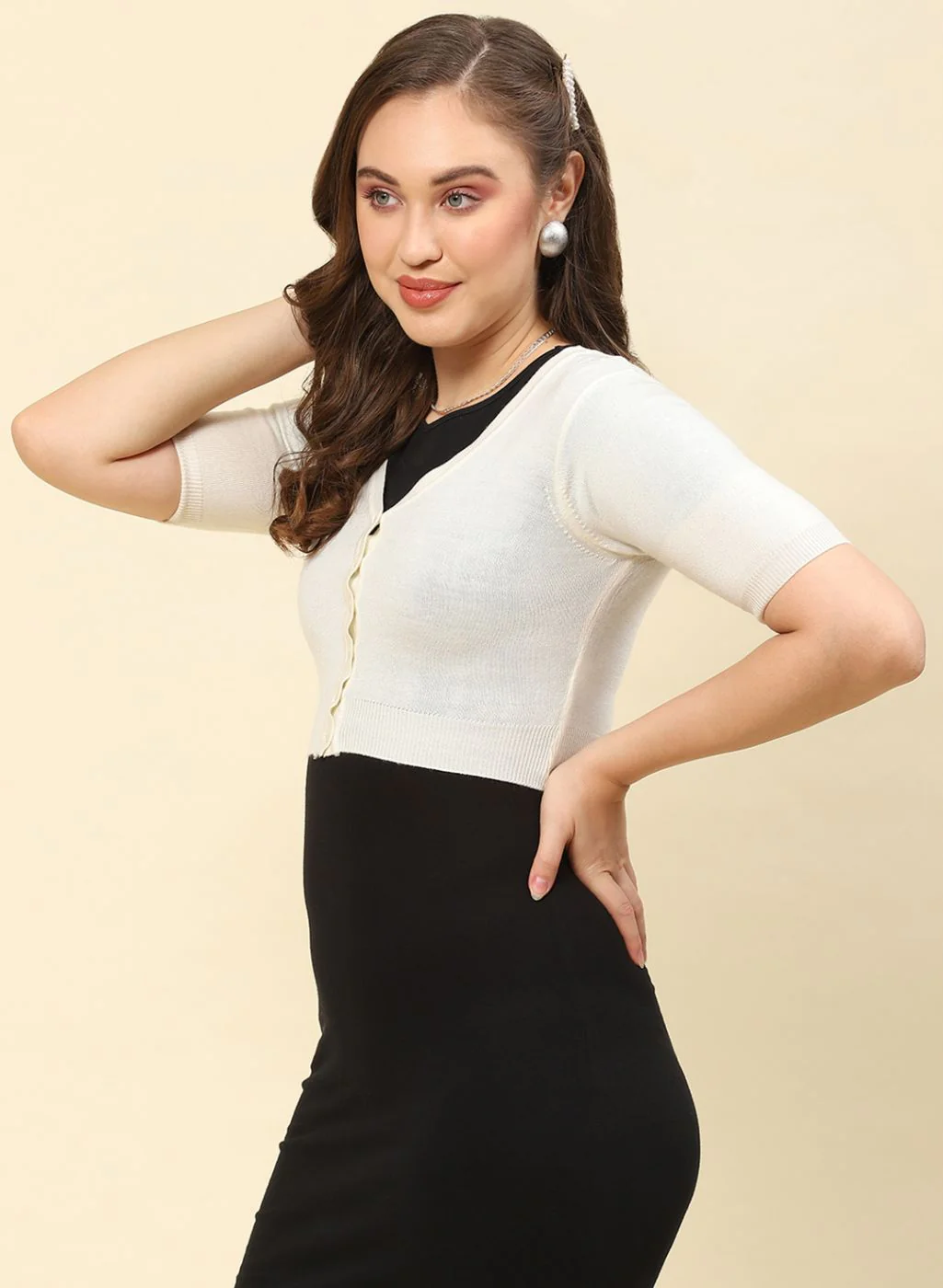 Women Off White Solid Blend wool Blouse - Image 3