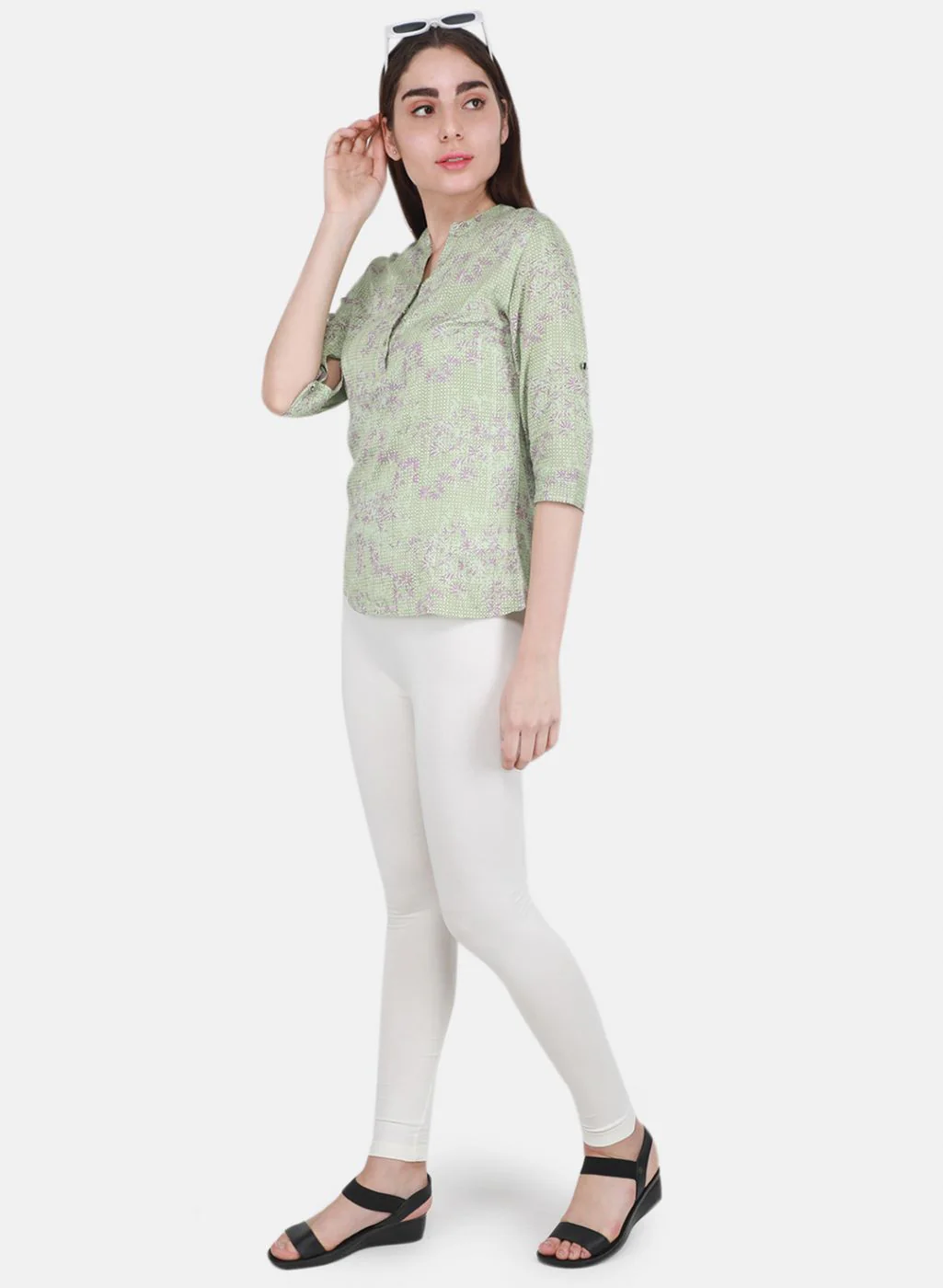 Women Off White Solid Legging - Image 4