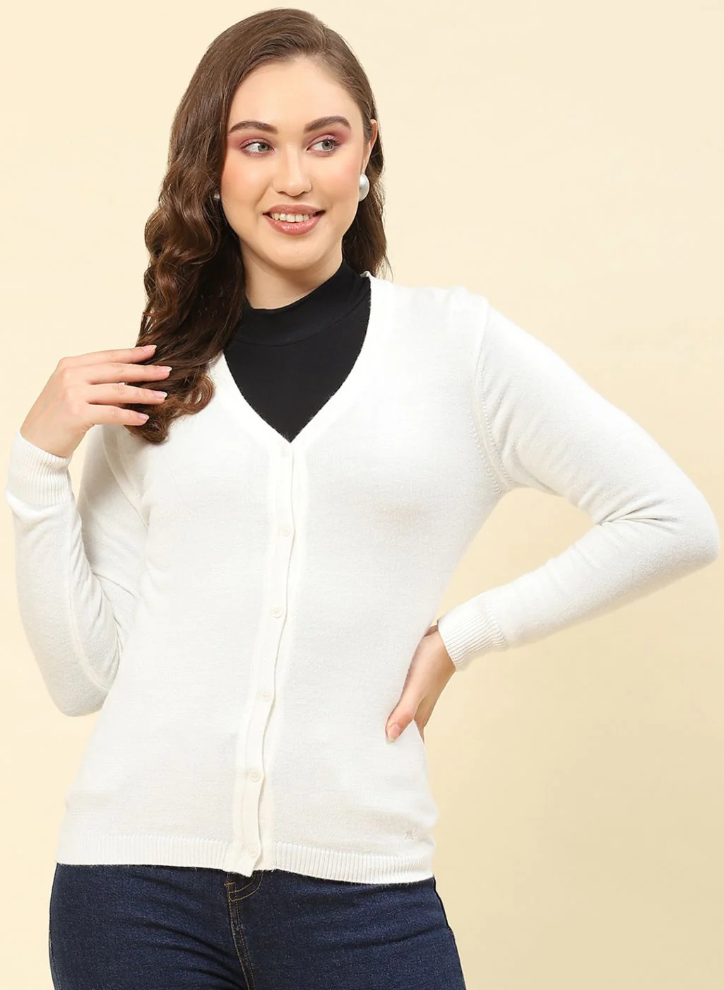 Women Off White Solid Modal Nylone Cardigan - Image 2