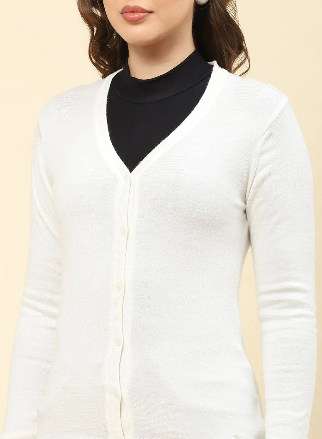 Women Off White Solid Modal Nylone Cardigan - Image 6