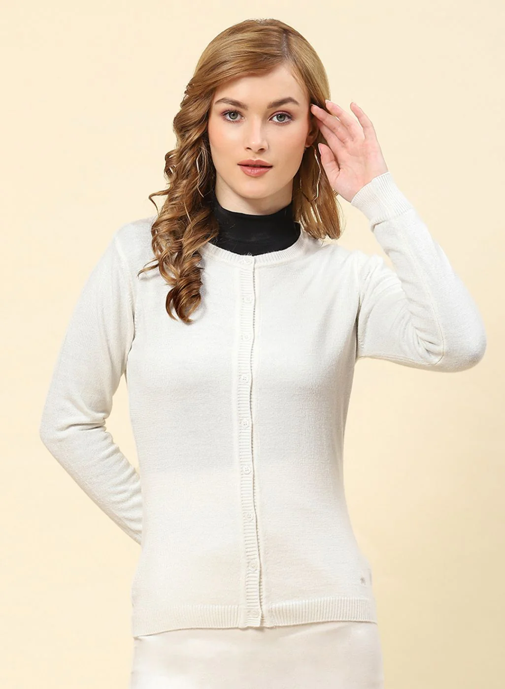 Women Off White Solid Modal Nylone Cardigan - Image 2
