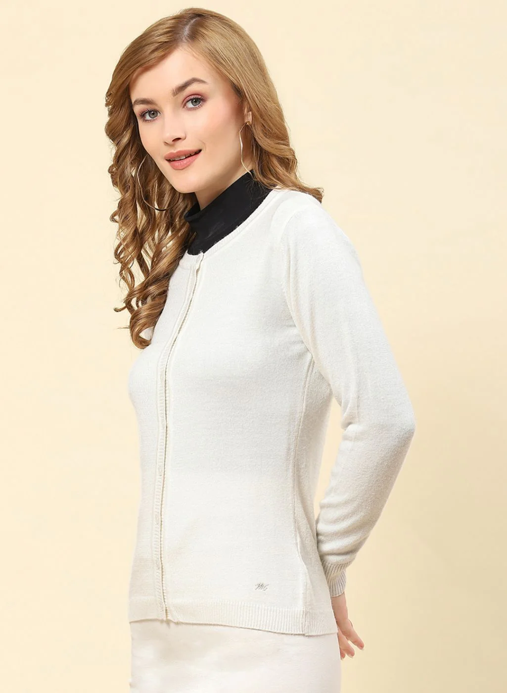 Women Off White Solid Modal Nylone Cardigan - Image 3