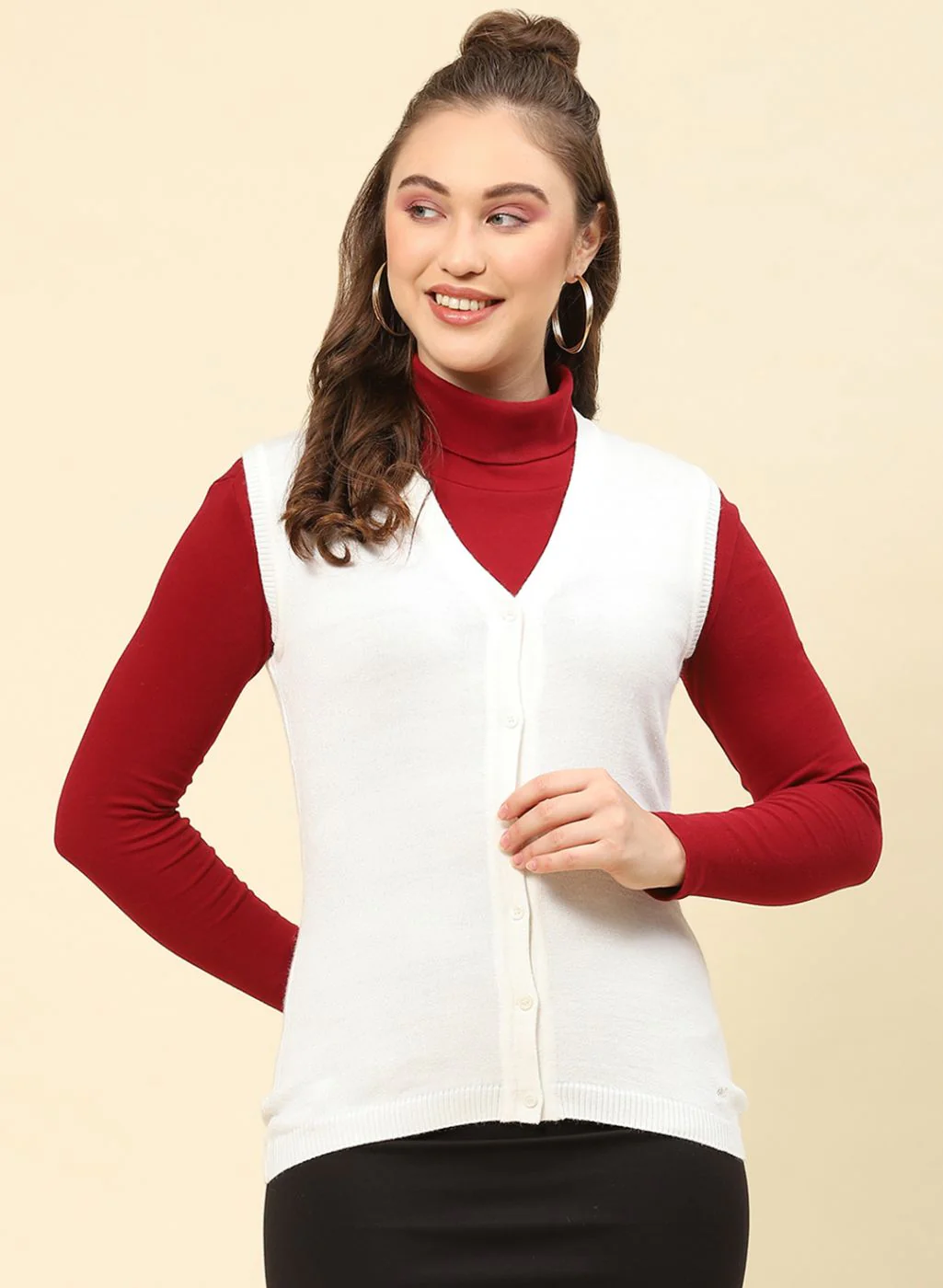 Women Off White Solid Modal Nylone Cardigan - Image 2