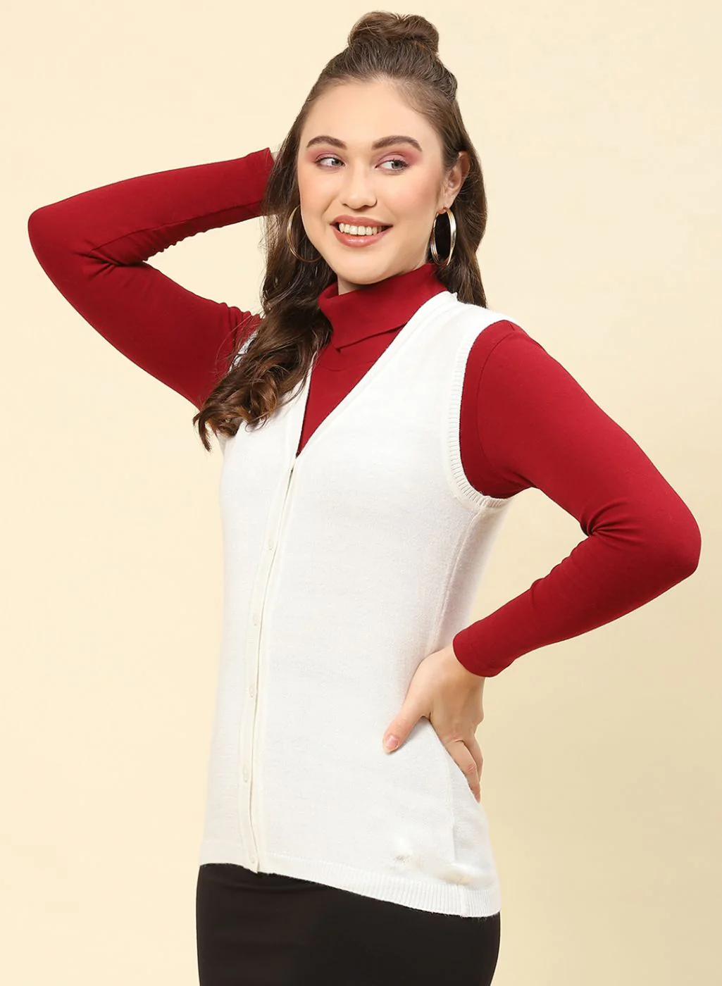Women Off White Solid Modal Nylone Cardigan - Image 3