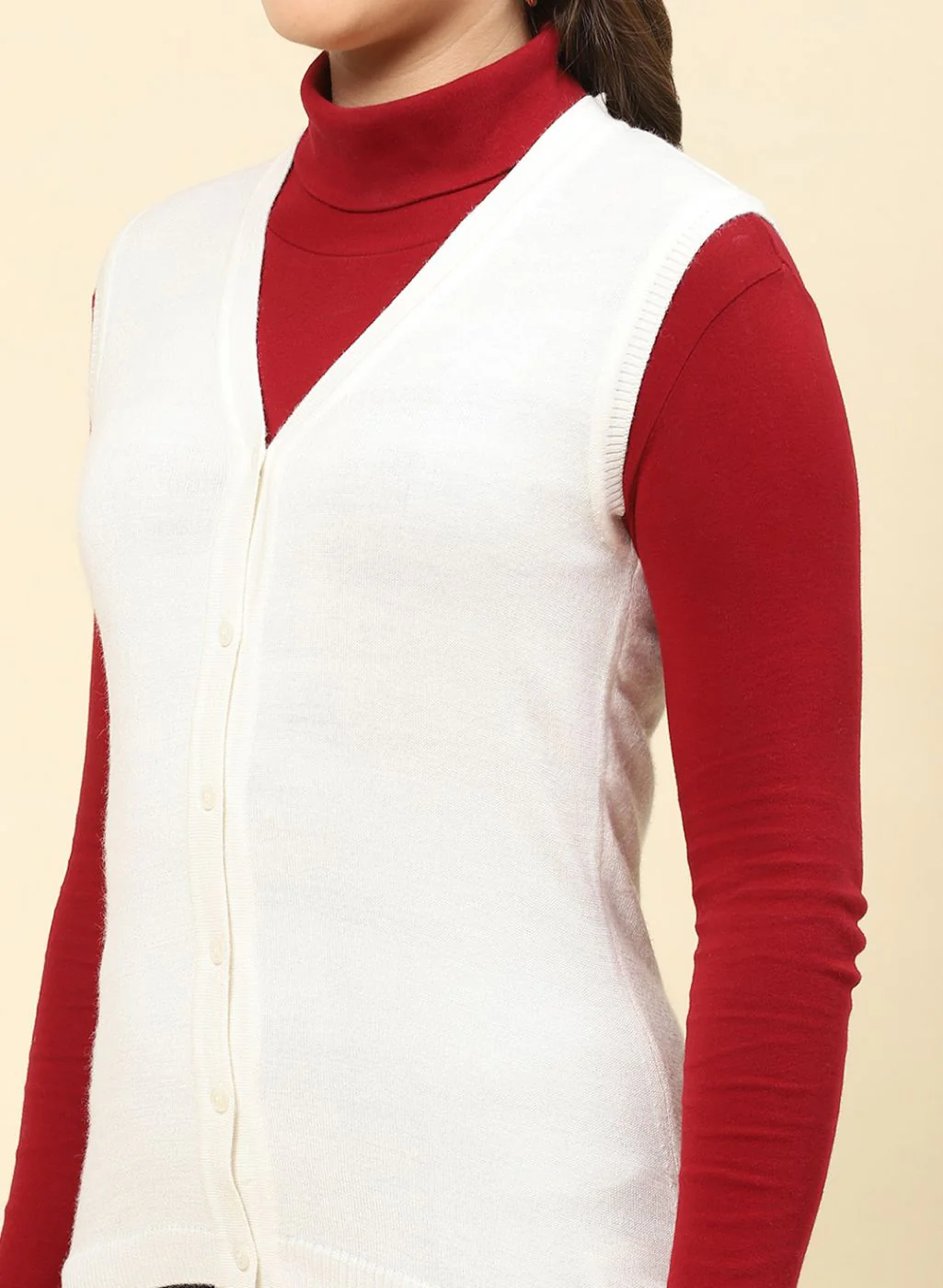 Women Off White Solid Modal Nylone Cardigan - Image 6