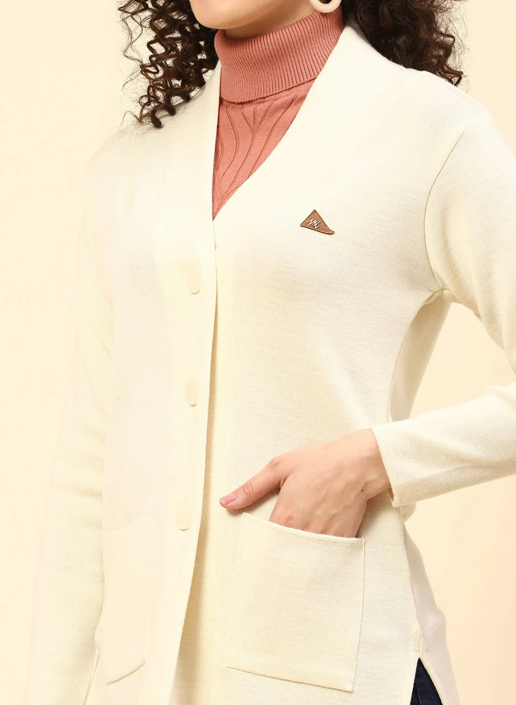 Women Off White Solid Pure wool Cardigan - Image 6