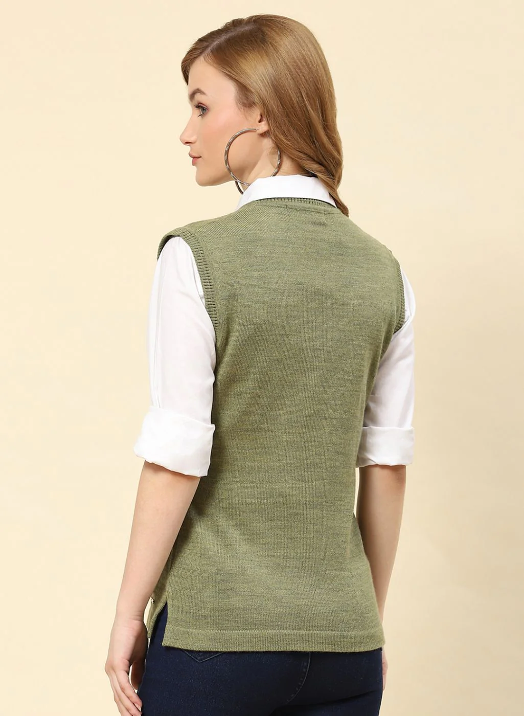 Women Olive Solid Blend wool Cardigan - Image 5