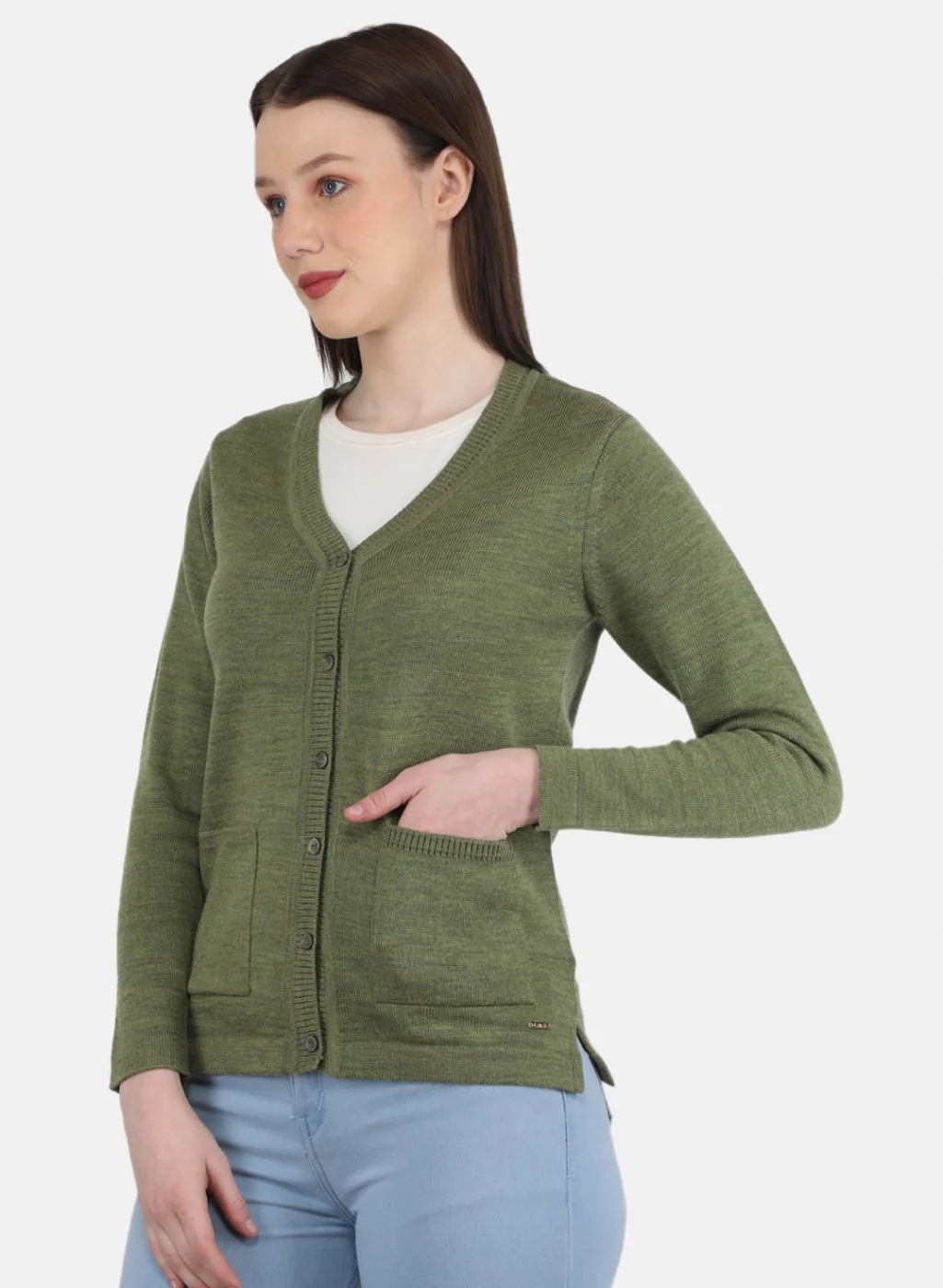 Women Olive Solid Cardigan - Image 2