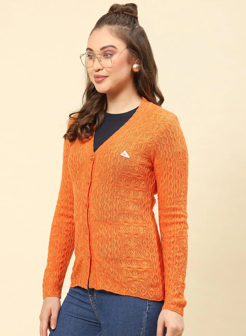 Women Orange Self Design Blend wool Cardigan - Image 3