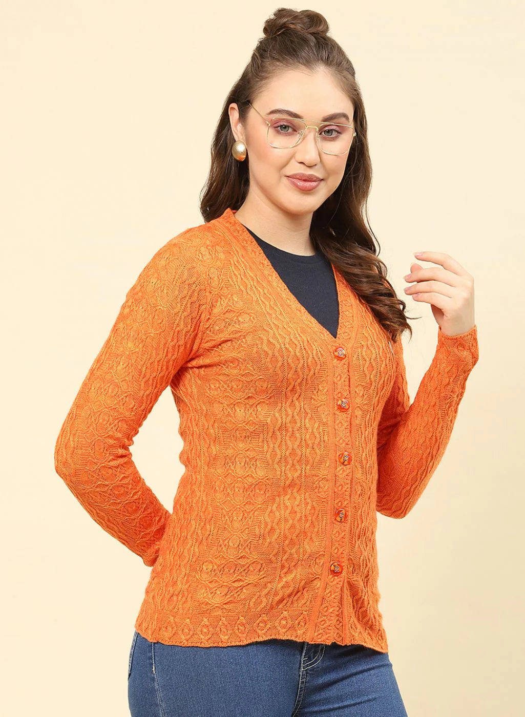 Women Orange Self Design Blend wool Cardigan - Image 4