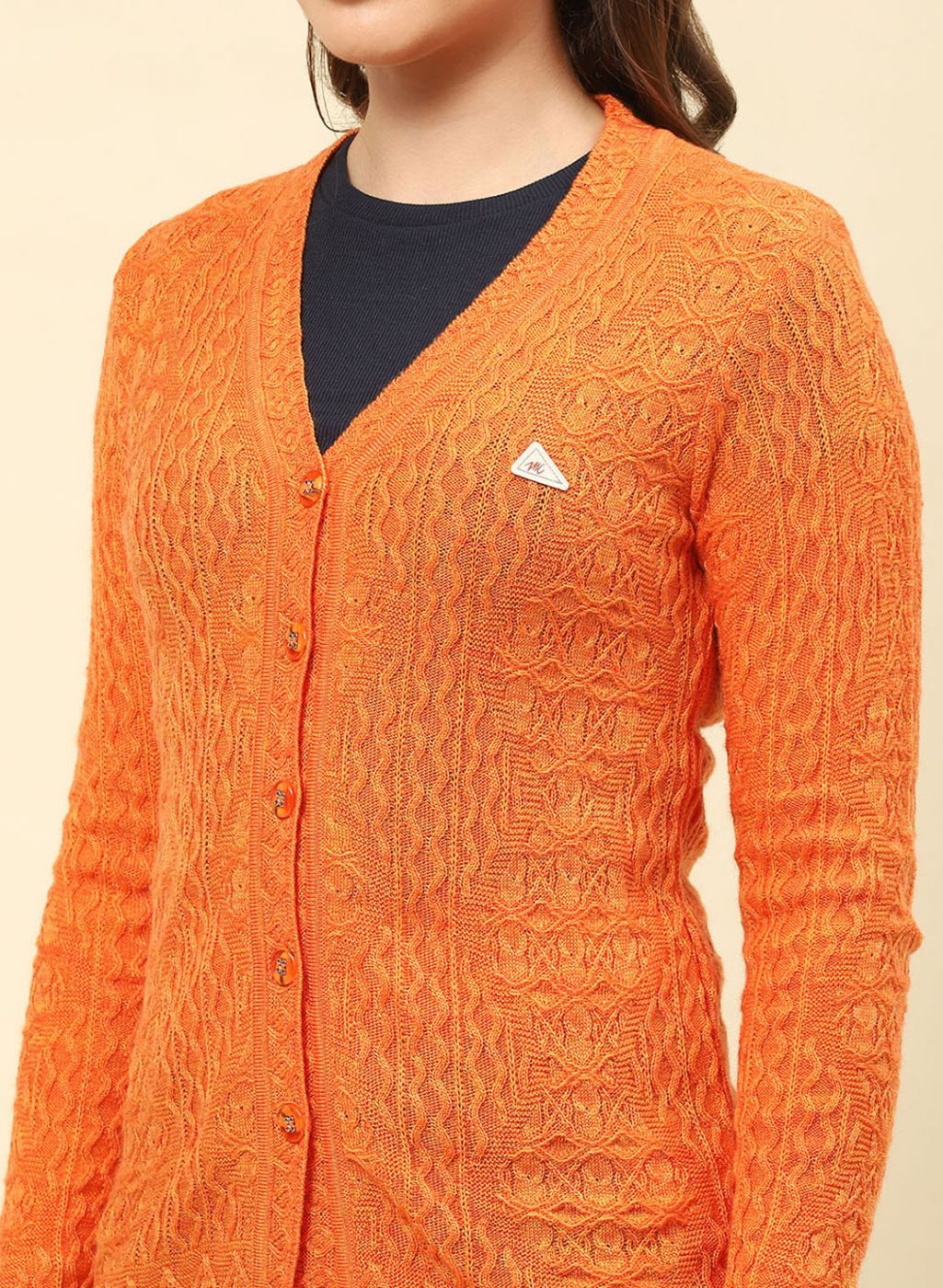 Women Orange Self Design Blend wool Cardigan - Image 6