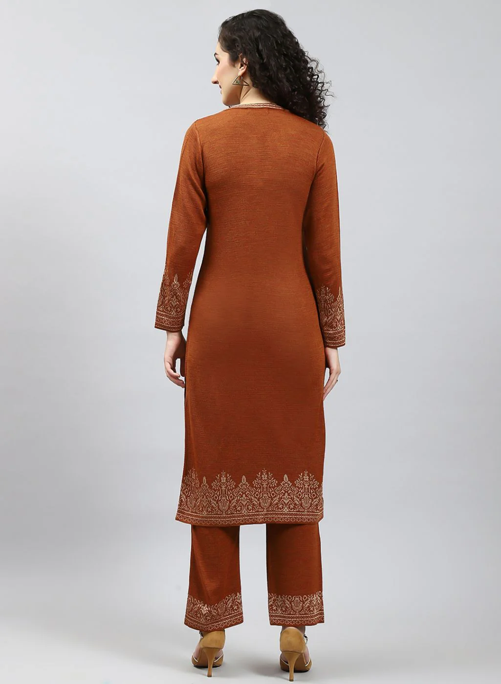 Women Orange Self Design Kurti+Lower Set for Winter - Image 5