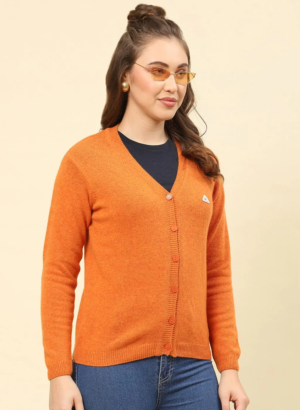 Women Orange Solid Lamb wool Cardigan - Image 4