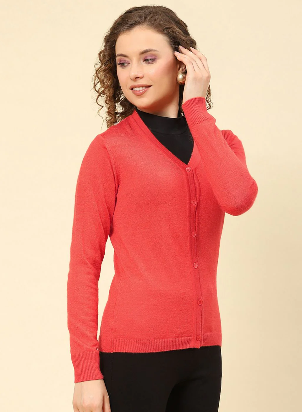 Women Orange Solid Modal Nylone Cardigan - Image 4