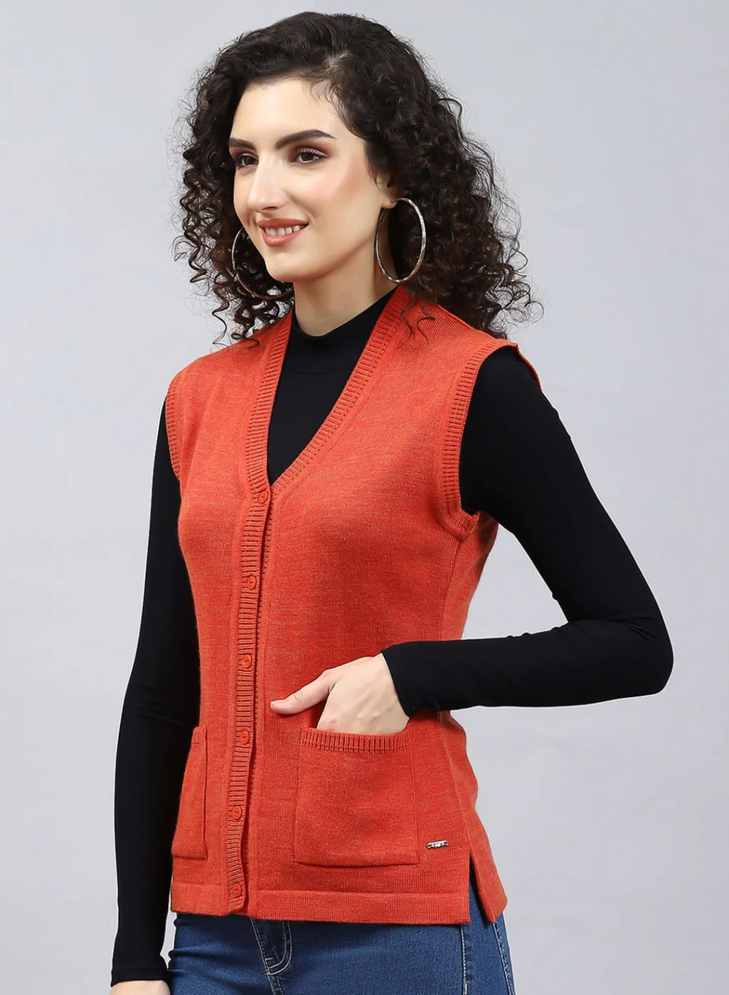 Women Orange Solid Wool blend Cardigan - Image 3