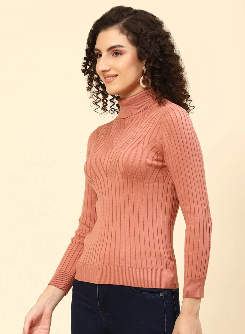 Women Peach Self Design Wool blend Top - Image 3