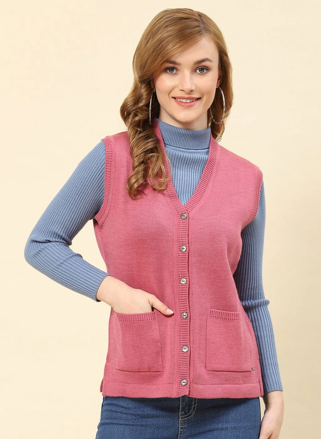 Women Pink Solid Blend wool Cardigan - Image 2