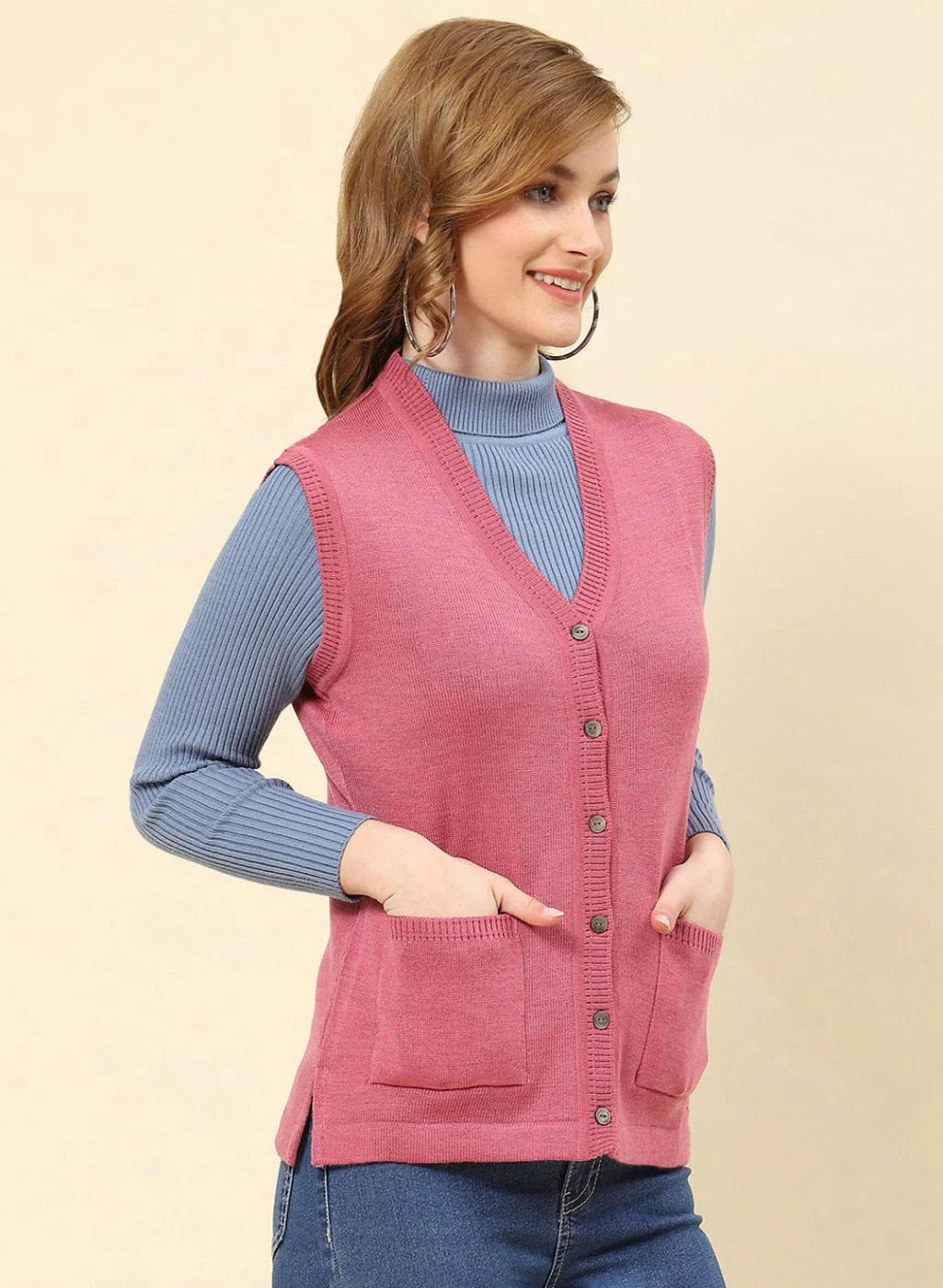 Women Pink Solid Blend wool Cardigan - Image 4