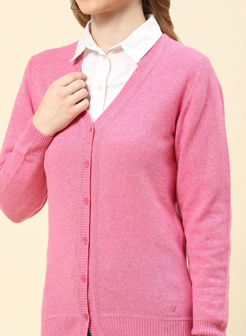Women Pink Solid Lamb wool Cardigan - Image 6