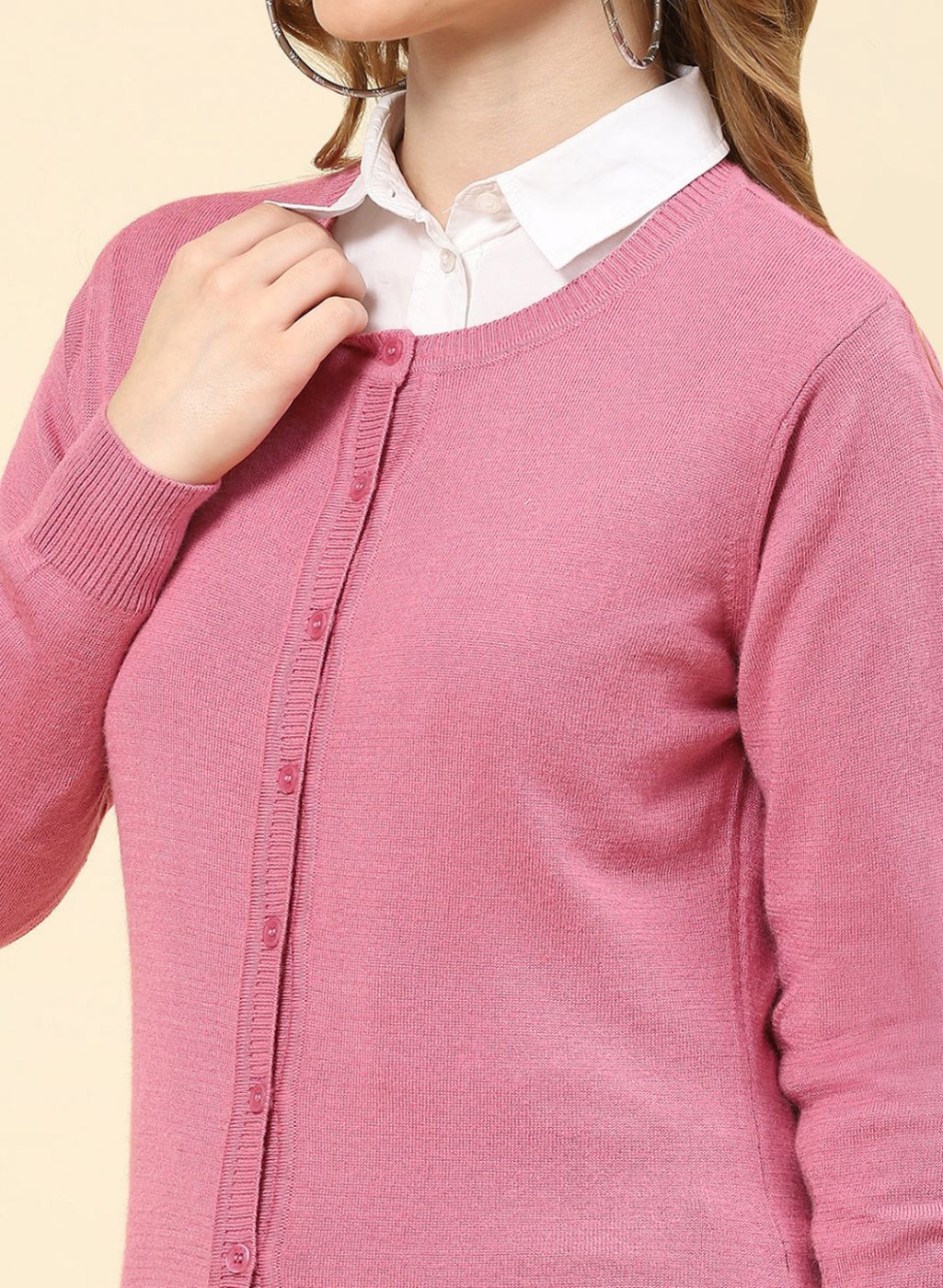 Women Pink Solid Modal Nylone Cardigan - Image 6