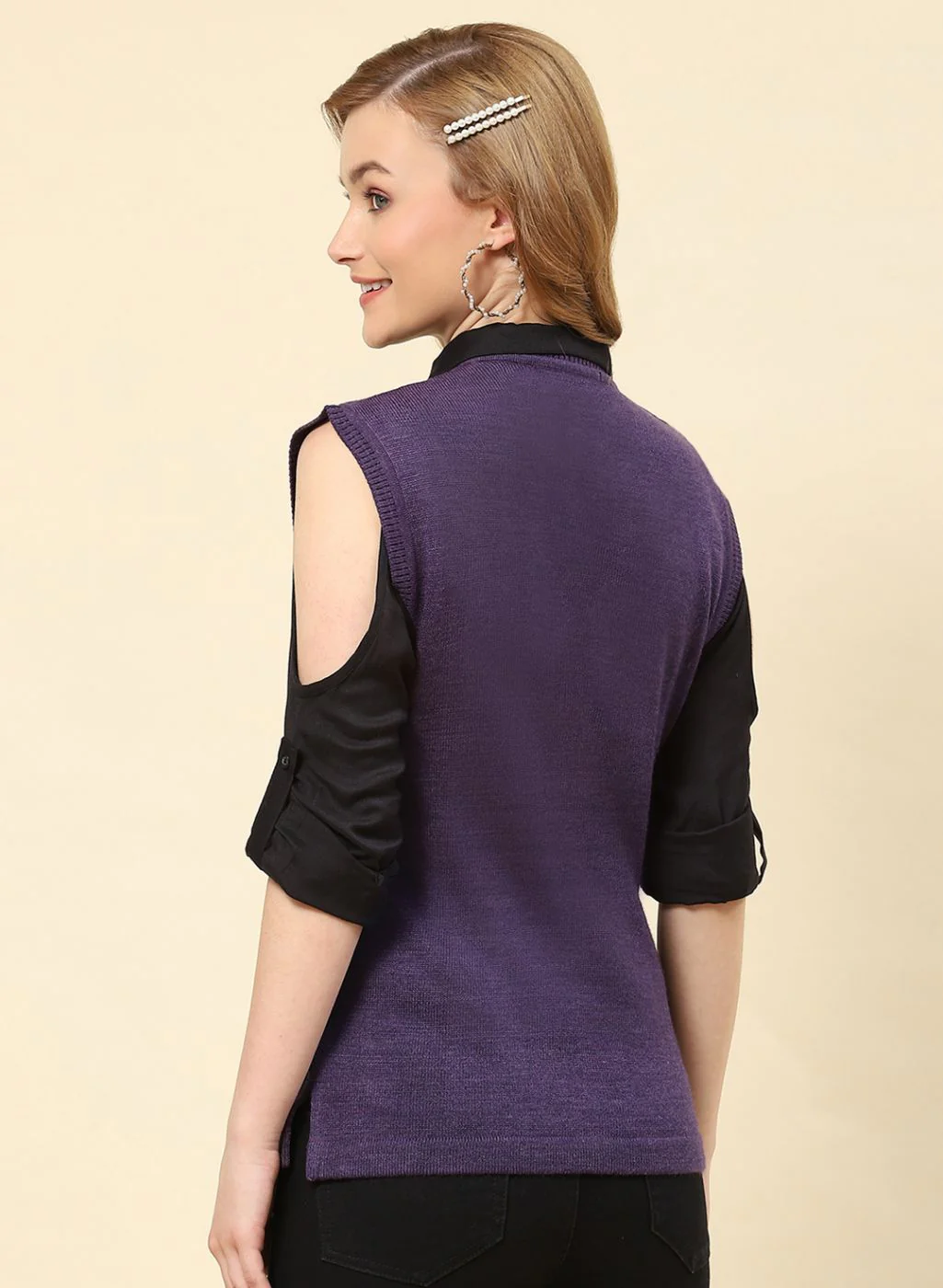 Women Purple Solid Blend wool Cardigan - Image 5