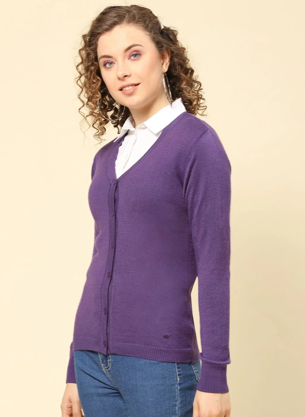 Women Purple Solid Modal Nylone Cardigan - Image 3