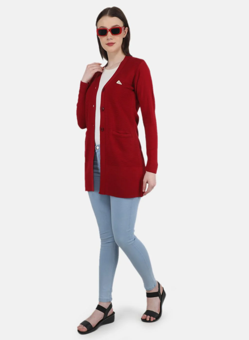 Women Red Self Design Cardigan - Image 4