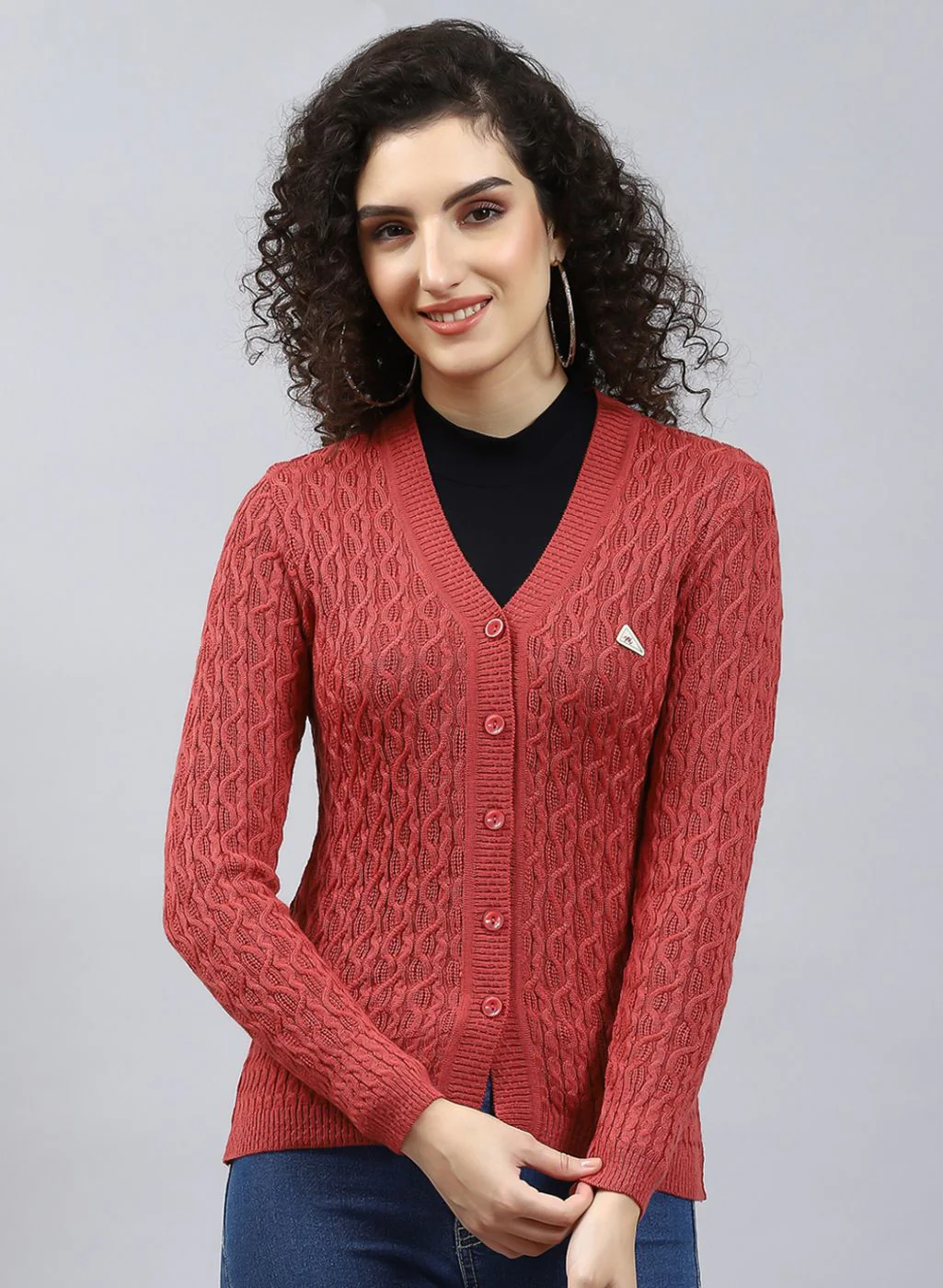 Women Red Self Design Wool blend Cardigan - Image 2