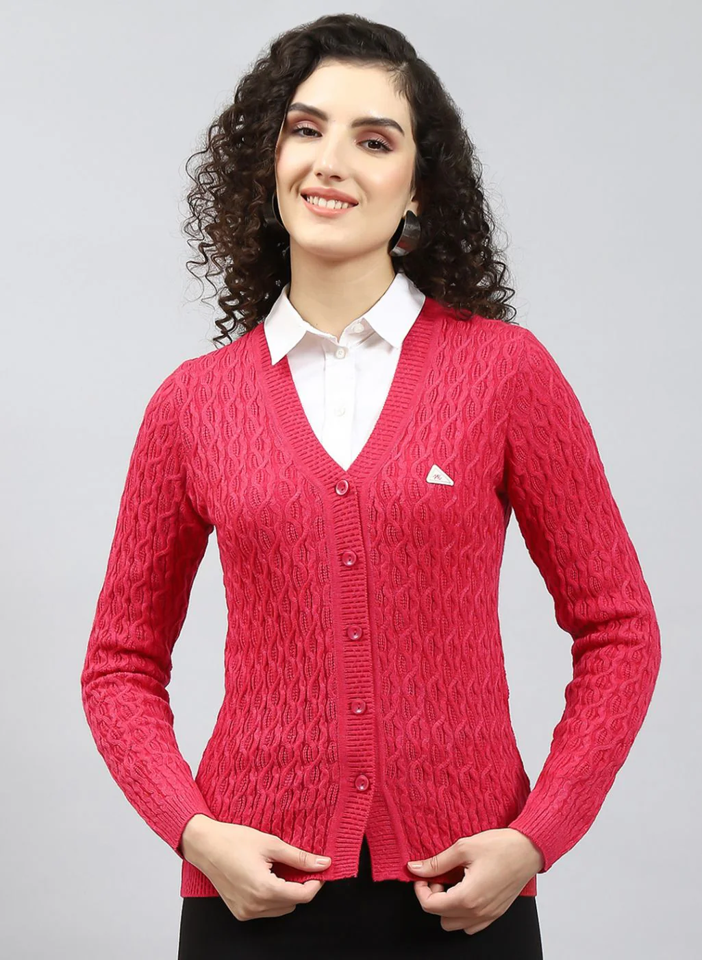 Women Red Self Design Wool blend Cardigan - Image 2