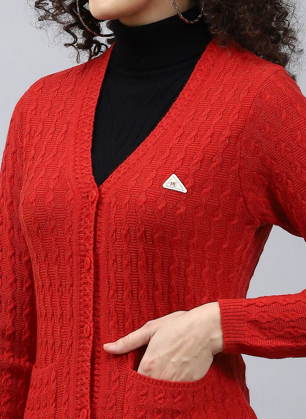 Women Red Self Design Wool blend Cardigan - Image 6