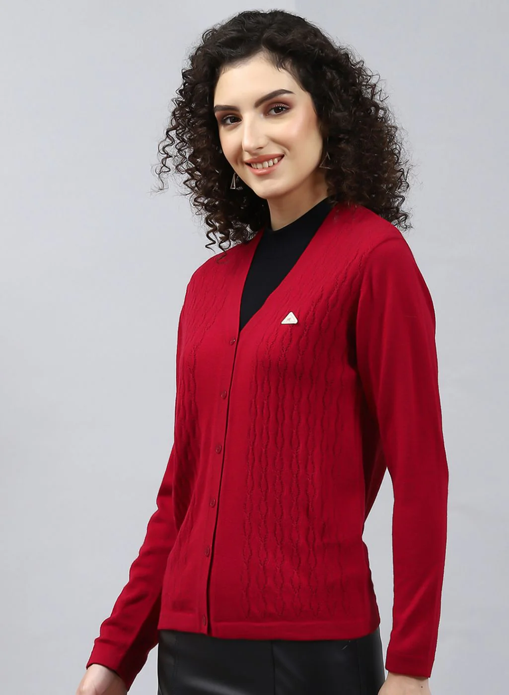 Women Red Self Design Wool blend Cardigan - Image 3