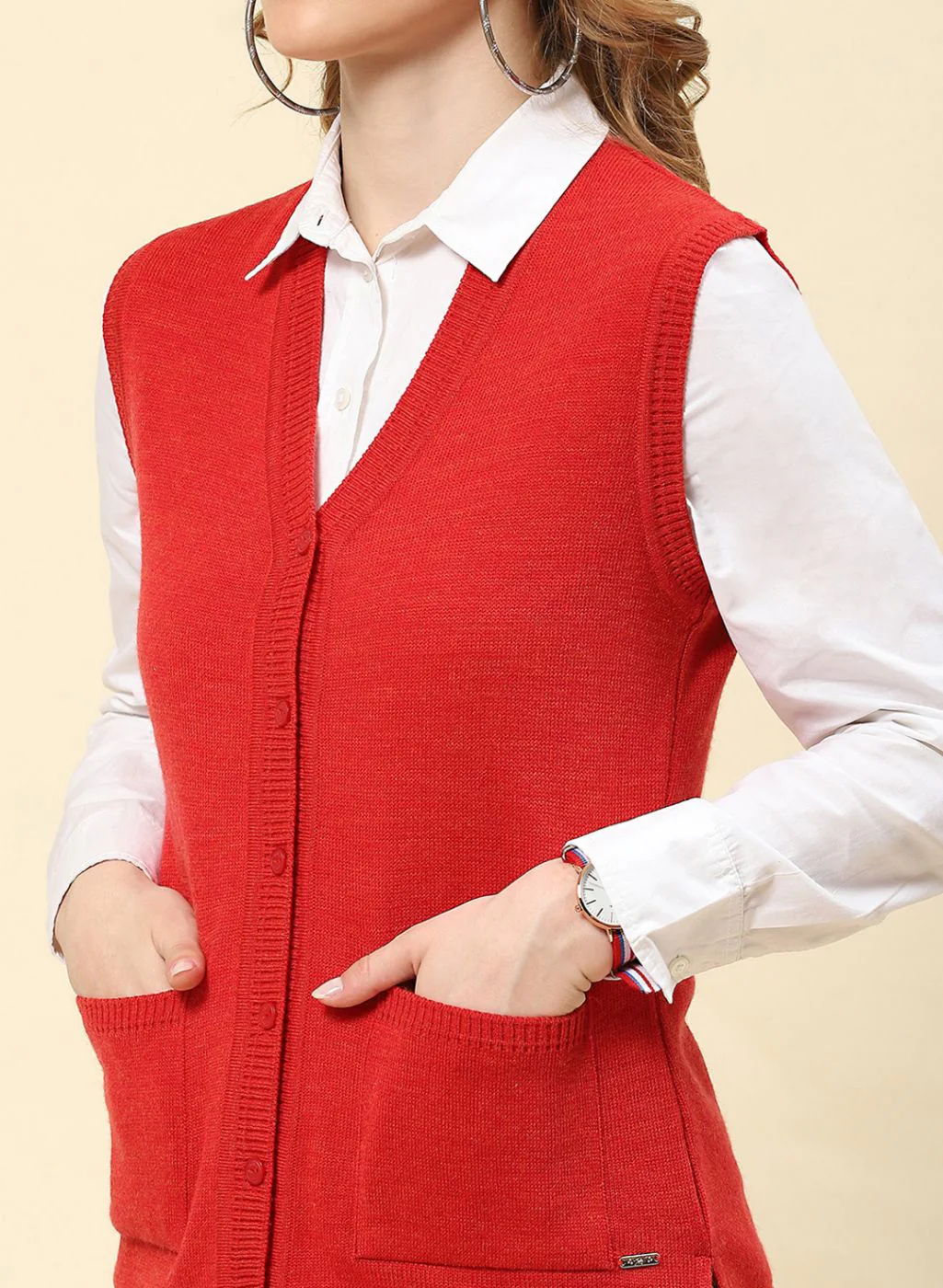 Women Red Solid Blend wool Cardigan - Image 6