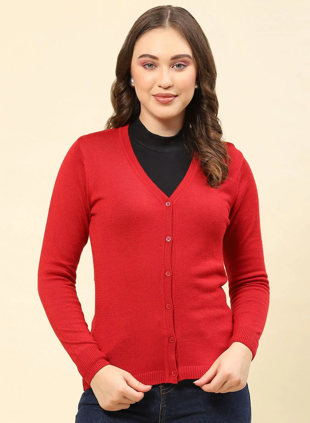 Women Red Solid Modal Nylone Cardigan - Image 2