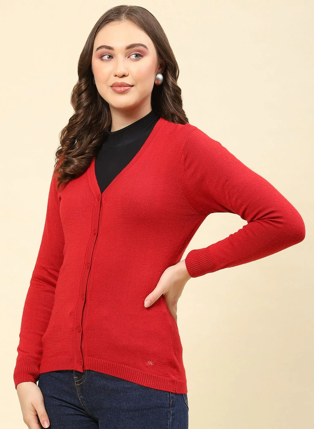 Women Red Solid Modal Nylone Cardigan - Image 3