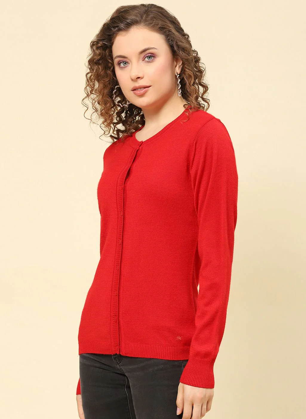 Women Red Solid Modal Nylone Cardigan - Image 3