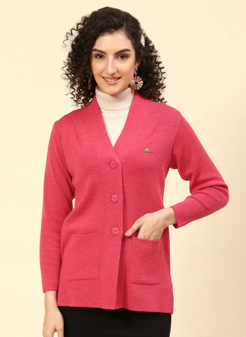 Women Red Solid Pure wool Cardigan - Image 2