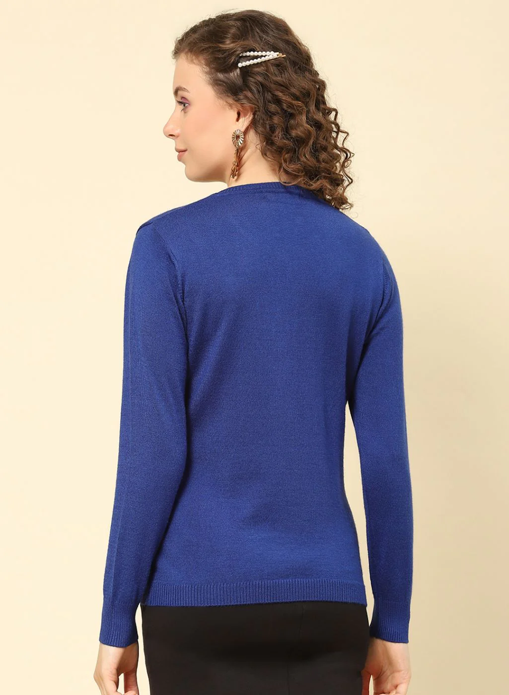 Women Royal Blue Solid Modal Nylone Cardigan - Image 3