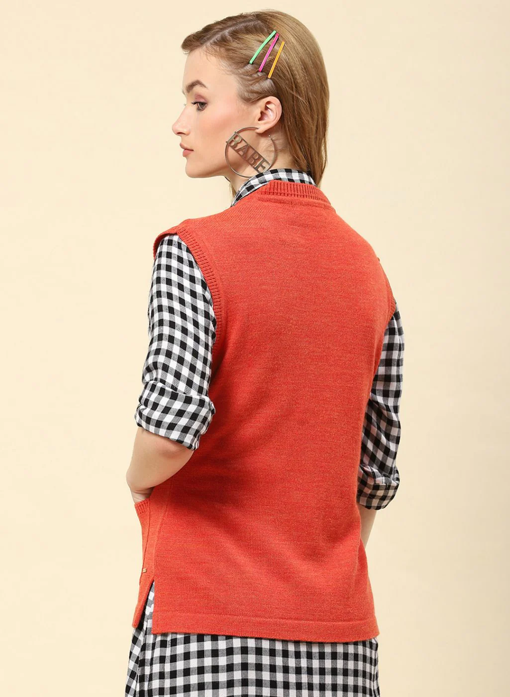 Women Rust Orange Solid Blend wool Cardigan - Image 5