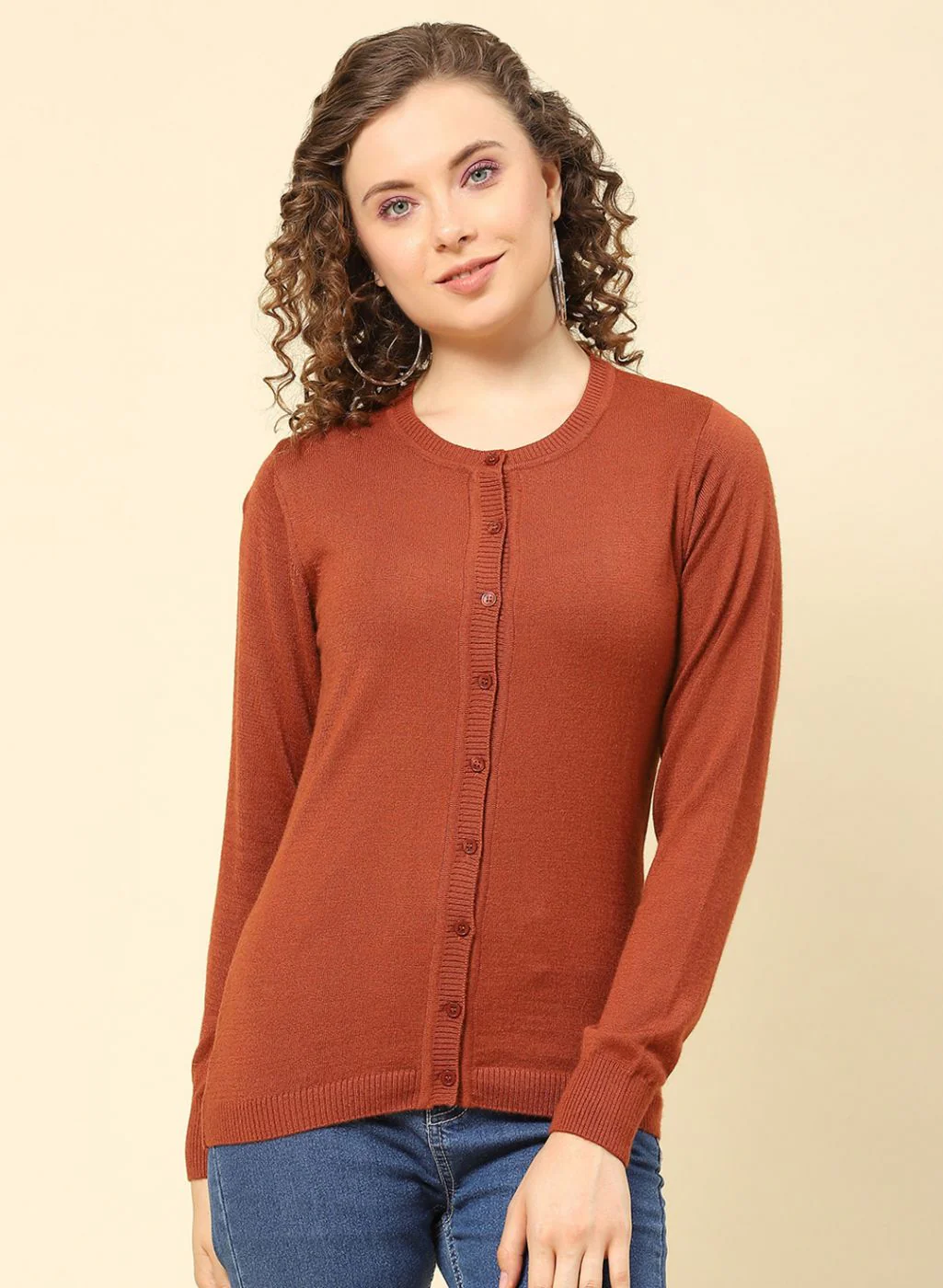 Women Rust Orange Solid Modal Nylone Cardigan - Image 2