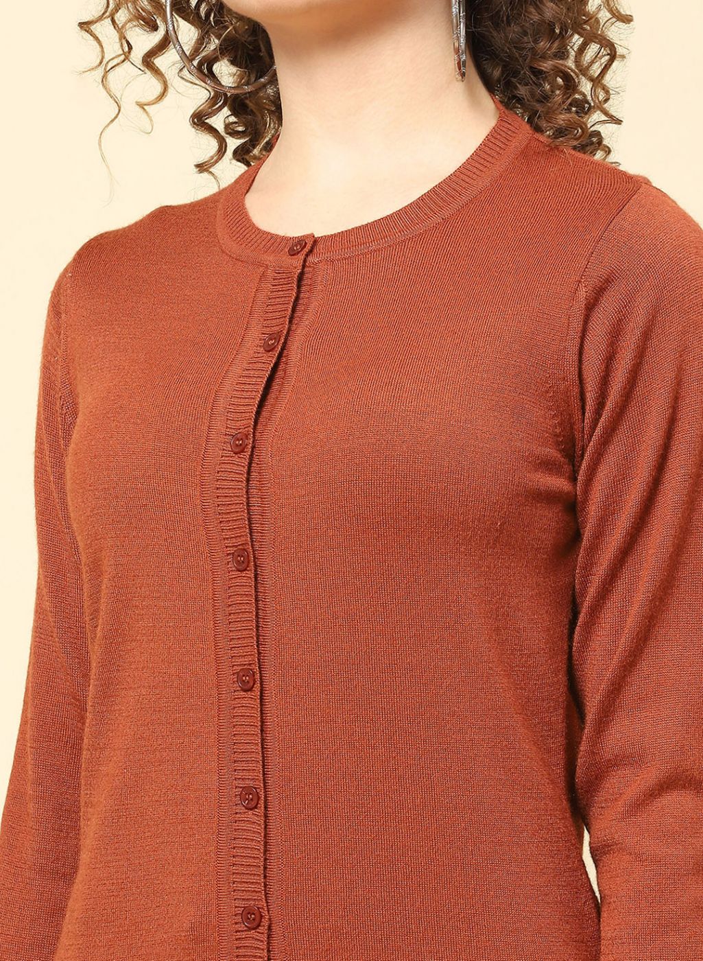 Women Rust Orange Solid Modal Nylone Cardigan - Image 6