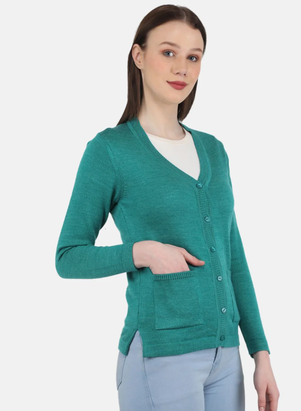 Women Sea Green Solid Cardigan - Image 6