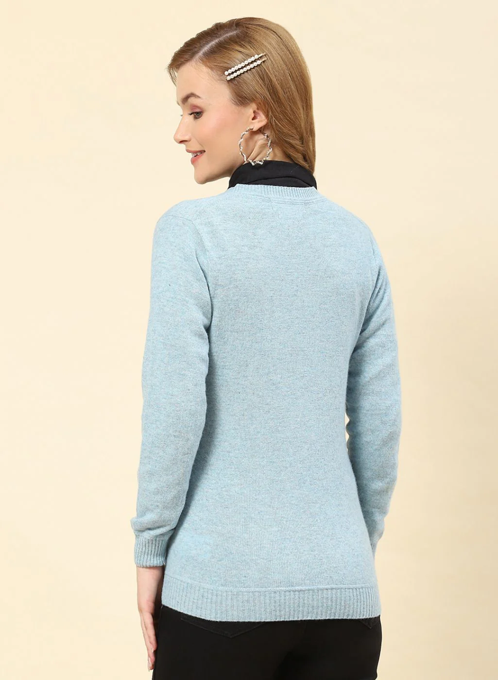 Women Sky Blue Solid Lamb wool Cardigan - Image 5