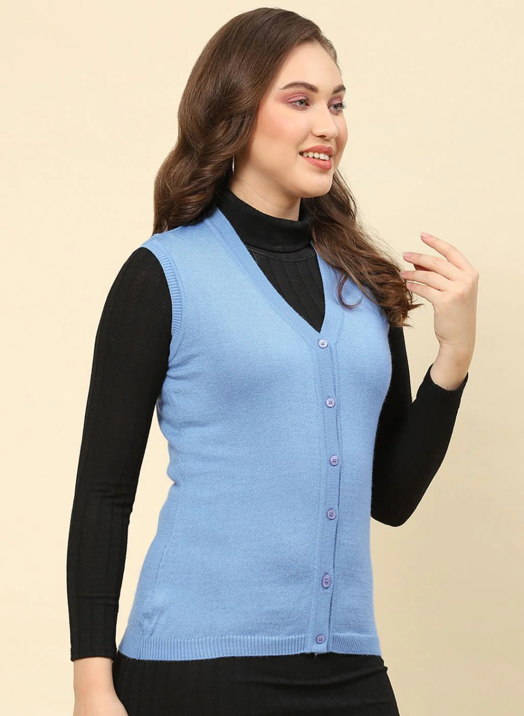 Women Sky Blue Solid Modal Nylone Cardigan - Image 4