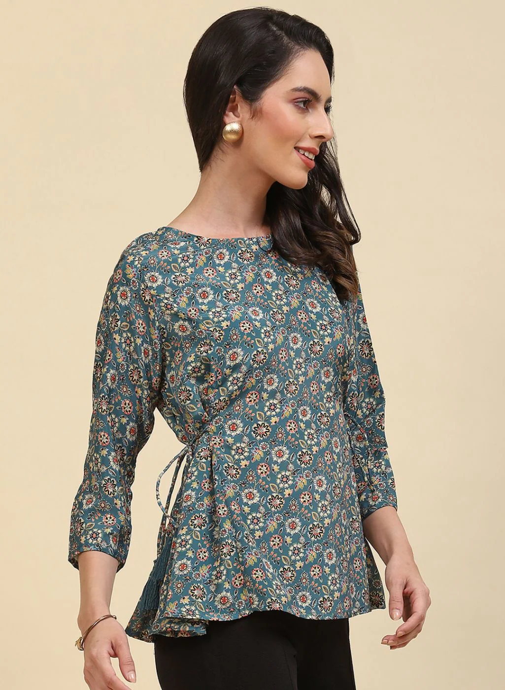 Women Teal Blue Printed Top - Image 4