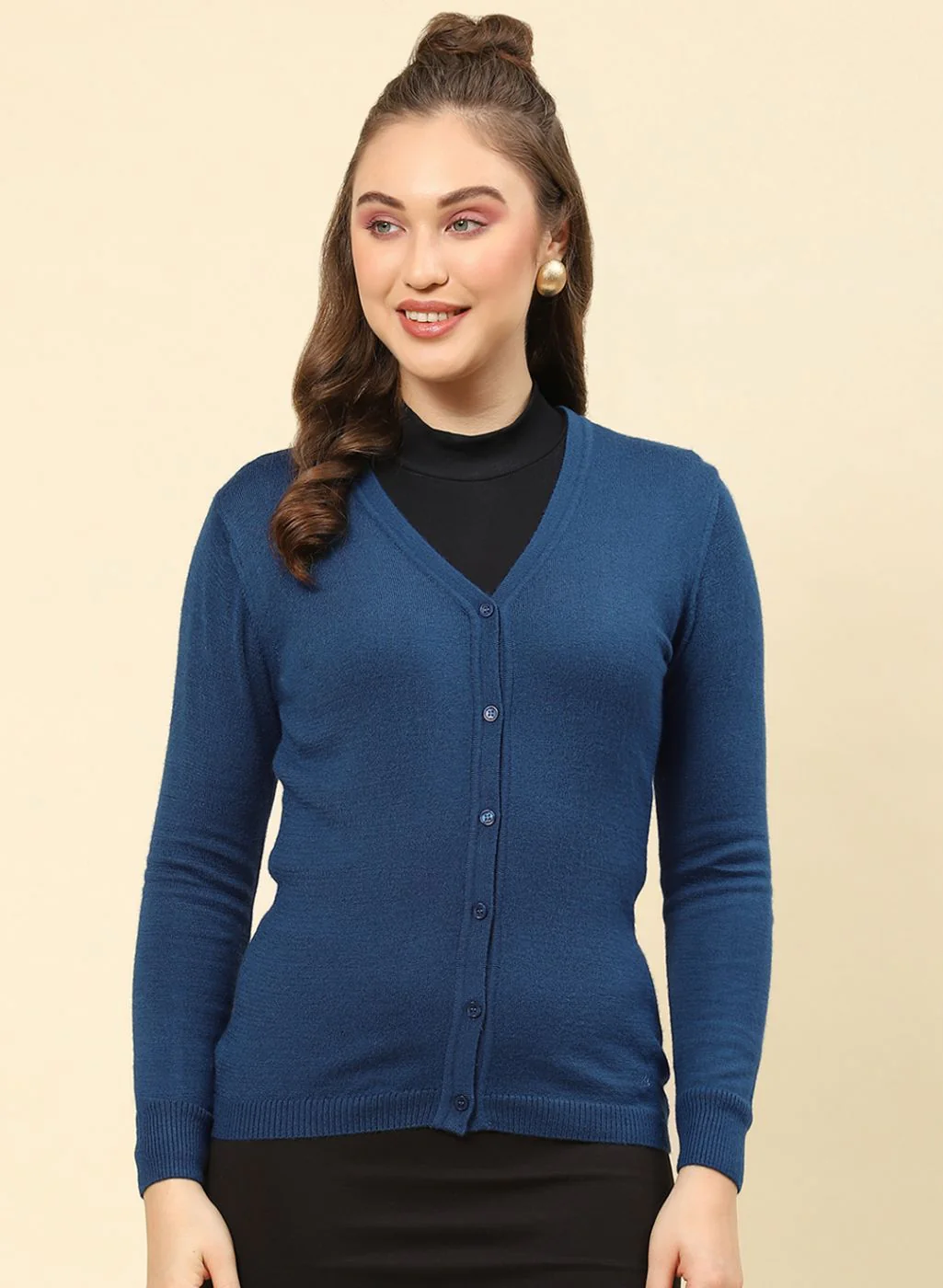 Women Teal Blue Solid Modal Nylone Cardigan - Image 2
