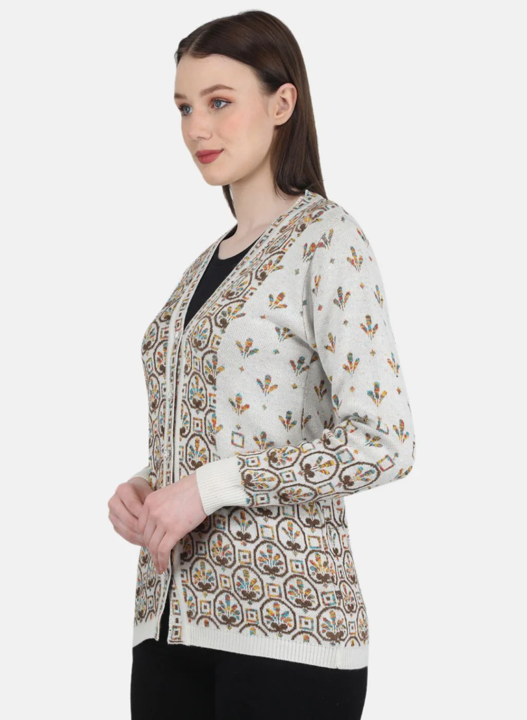 Women White & Brown Self Design Cardigan - Image 2