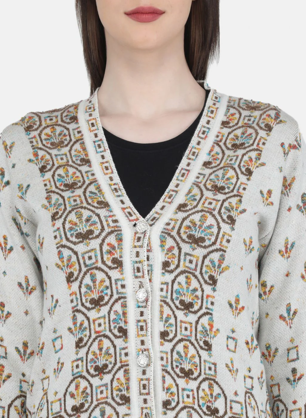 Women White & Brown Self Design Cardigan - Image 5