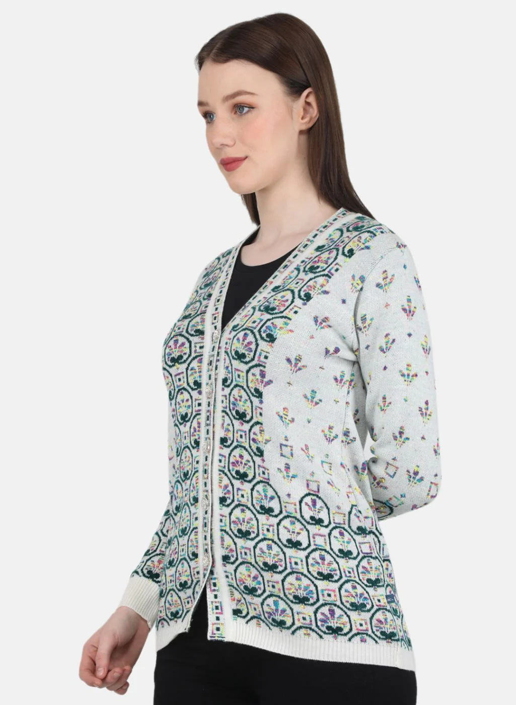Women White & Green Self Design Cardigan - Image 2