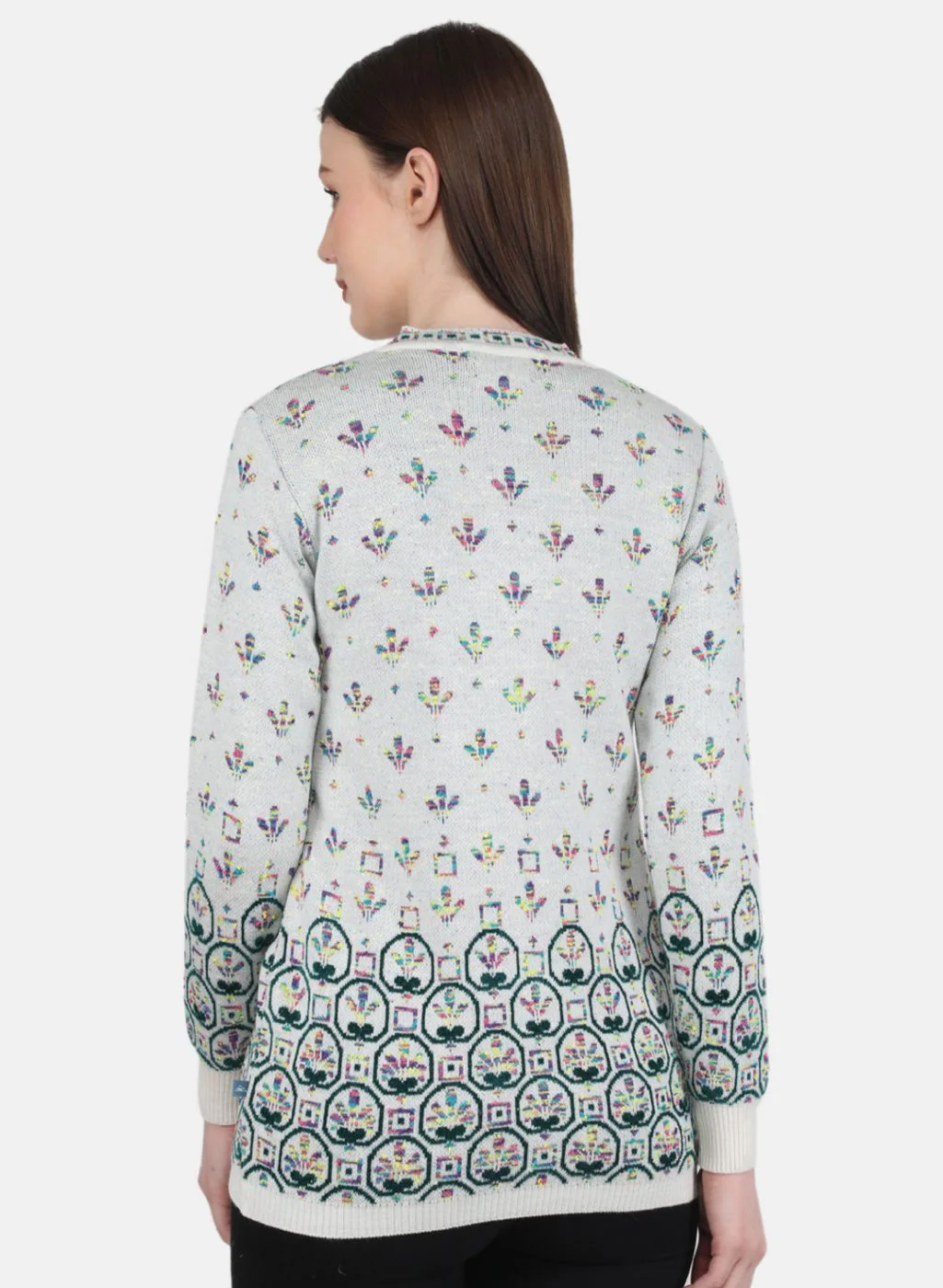 Women White & Green Self Design Cardigan - Image 3